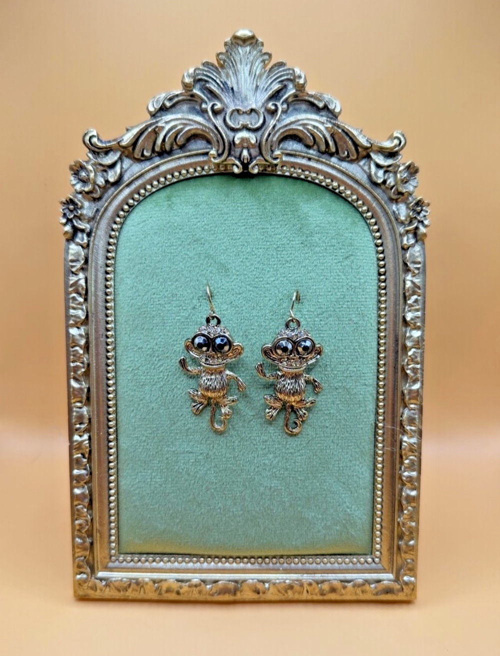 Monkey Dangle Drop Earrings Rhinestone Black Faceted Eyes 1.5in